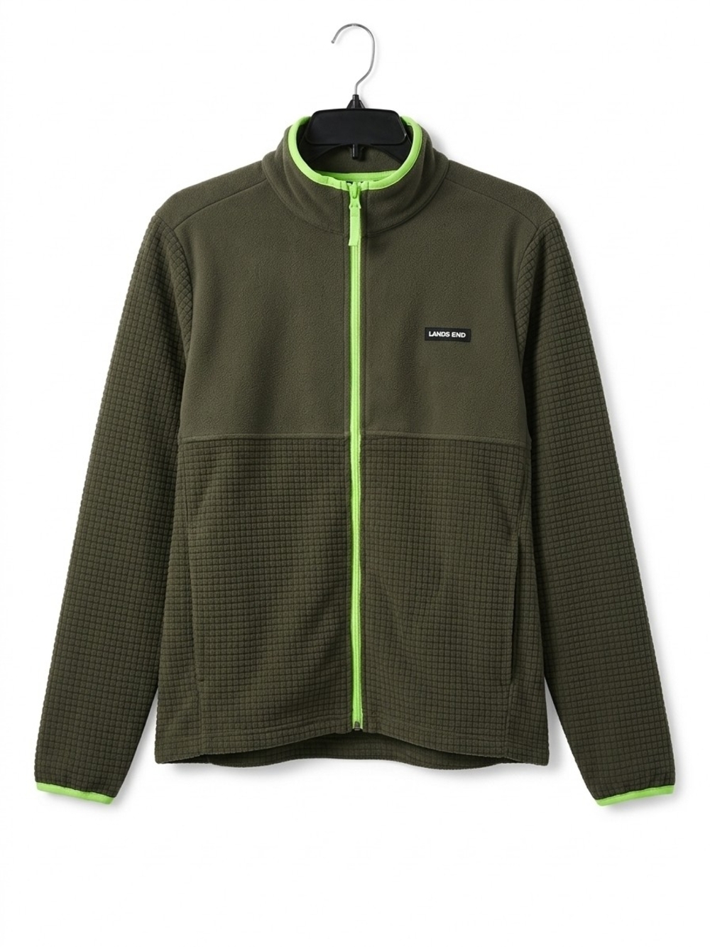 Lands' End Men's Olive Green Fleece Jacket with Neon Green Trim